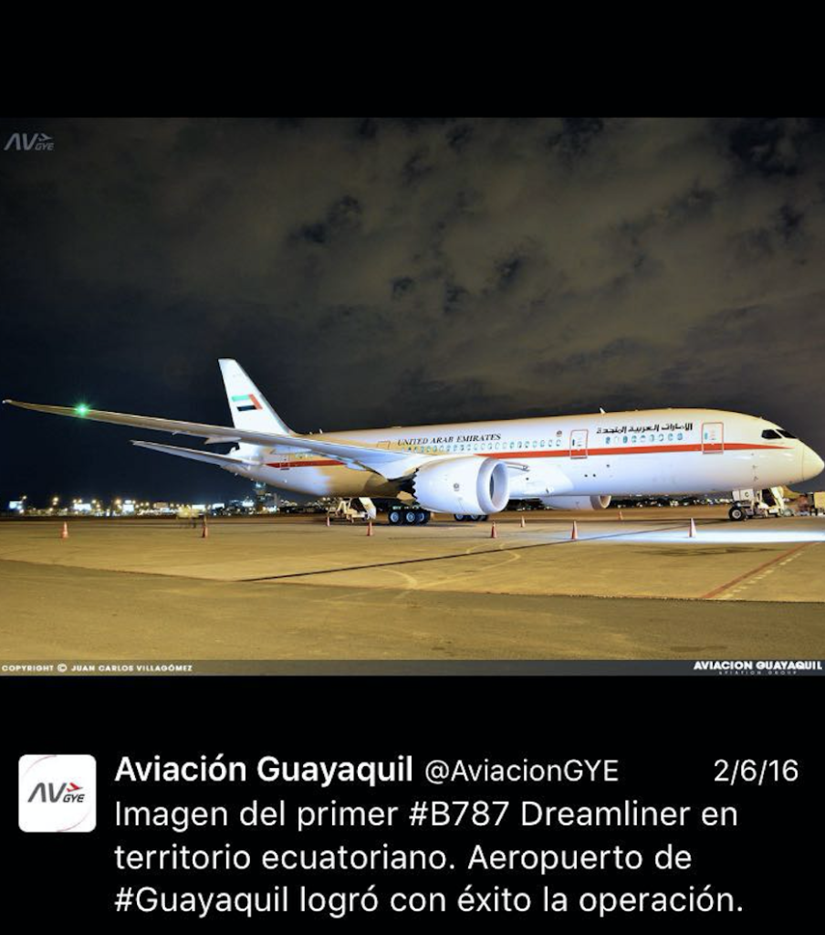 El Dreamliner 787-8 propiedad del gobierno de Dubai aterrizó en Guayaquil el 6 de Febrero de 2016. Pocos días después, representantes del gobierno y de DP World firmaron un memorandum de entendimiento.